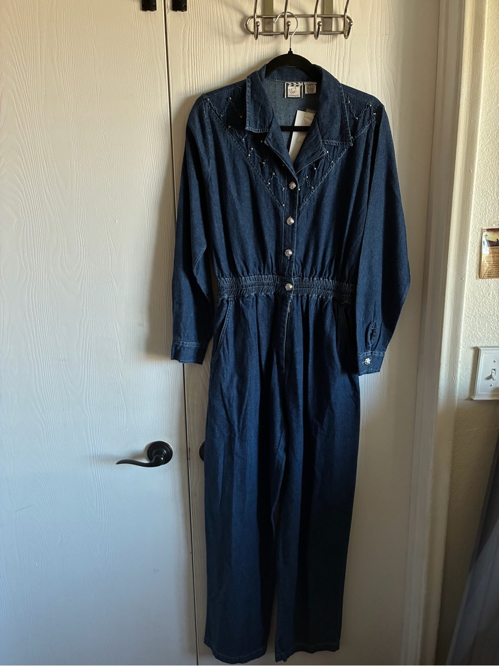 Vintage Take Two Denim Jumpsuit Romper Size 10 Silver Beads Rose Silver Buttons